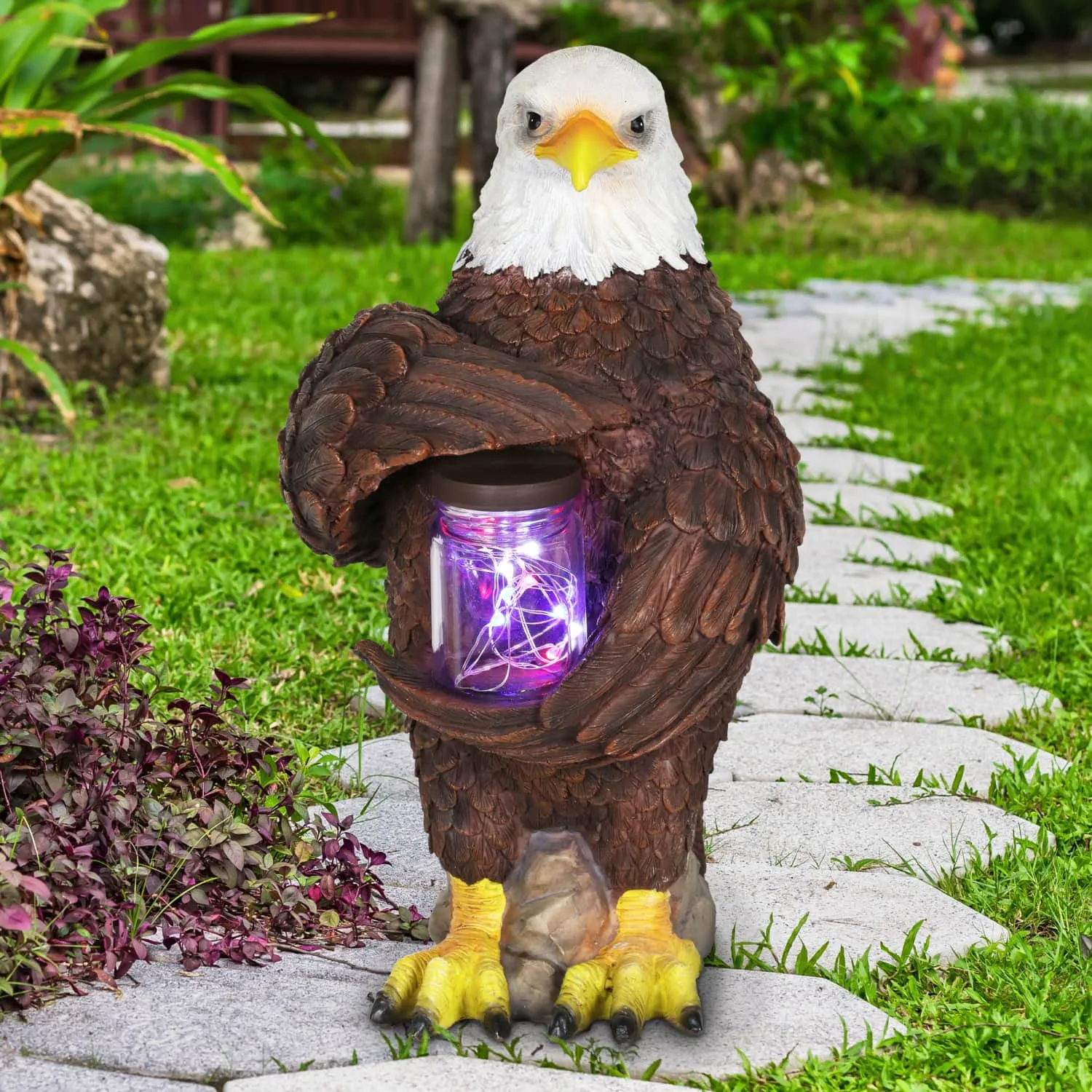 Solar Eagle Garden Statue Holding a Glass Jar with 9 Red White and Blue LED Firefly String Lights, 7.5 x 12.5 Inch