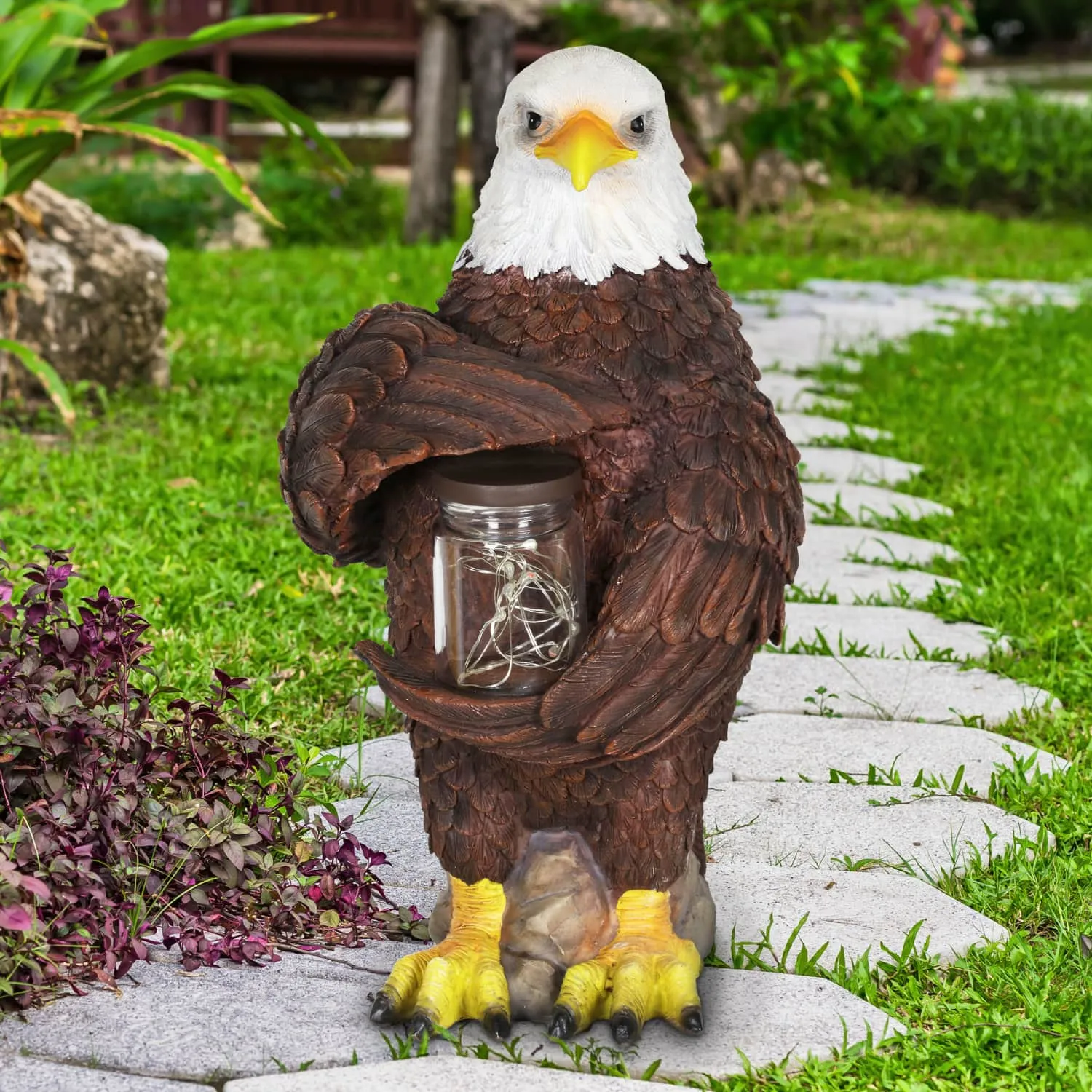 Solar Eagle Garden Statue Holding a Glass Jar with 9 Red White and Blue LED Firefly String Lights, 7.5 x 12.5 Inch