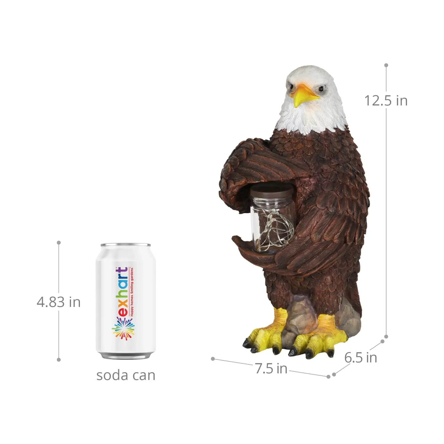 Solar Eagle Garden Statue Holding a Glass Jar with 9 Red White and Blue LED Firefly String Lights, 7.5 x 12.5 Inch