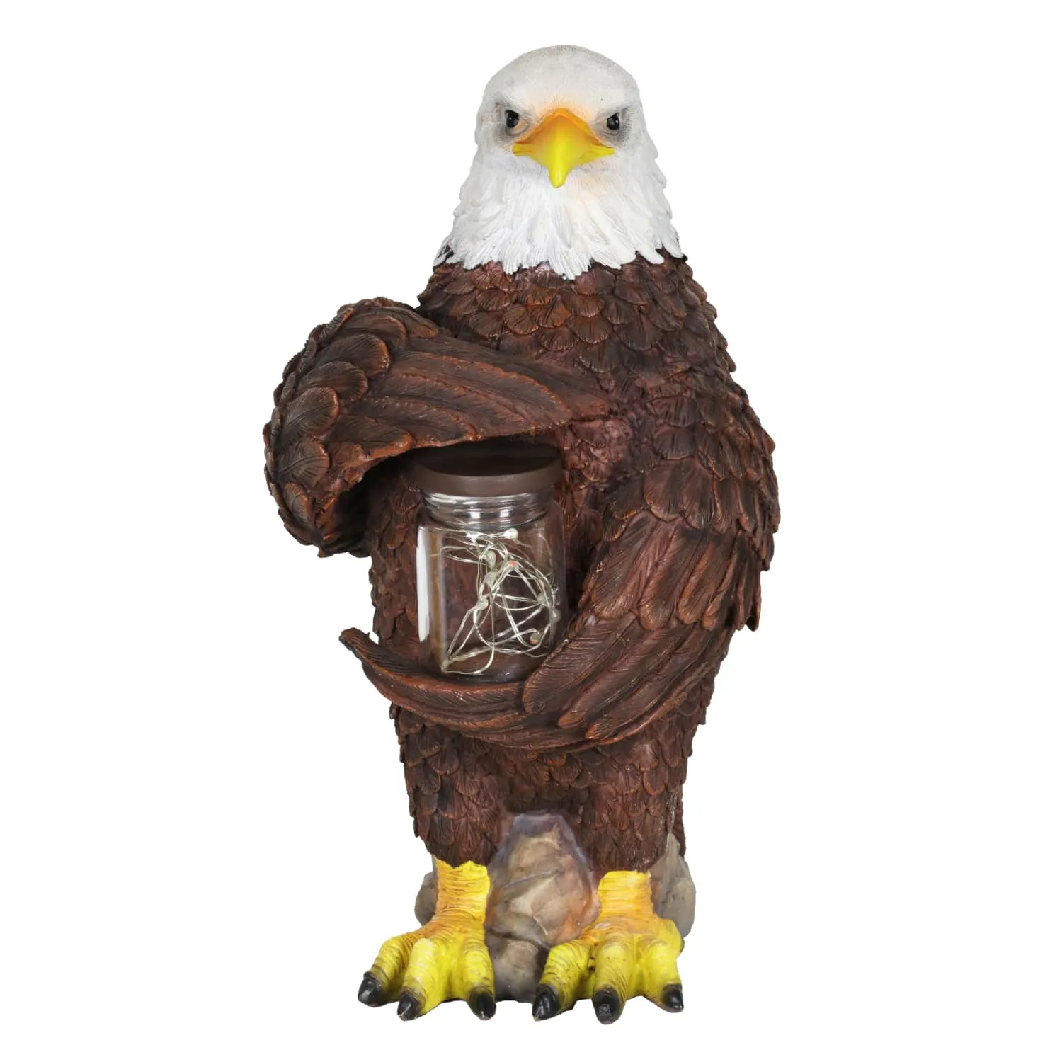 Solar Eagle Garden Statue Holding a Glass Jar with 9 Red White and Blue LED Firefly String Lights, 7.5 x 12.5 Inch