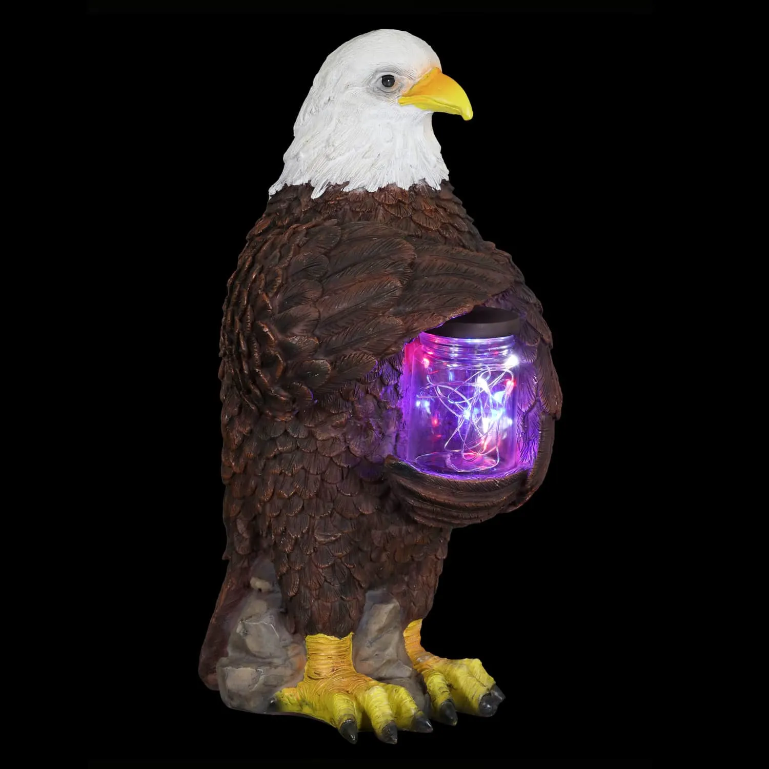 Solar Eagle Garden Statue Holding a Glass Jar with 9 Red White and Blue LED Firefly String Lights, 7.5 x 12.5 Inch