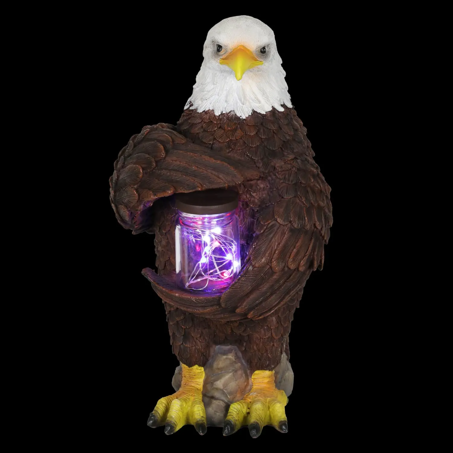 Solar Eagle Garden Statue Holding a Glass Jar with 9 Red White and Blue LED Firefly String Lights, 7.5 x 12.5 Inch