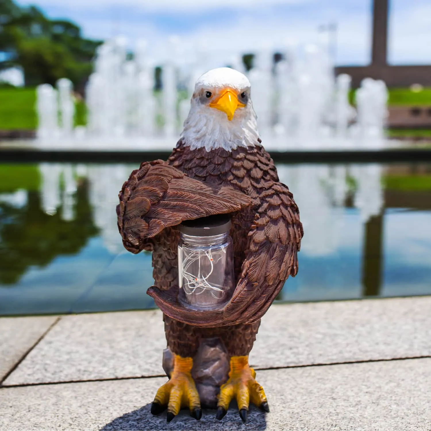 Solar Eagle Garden Statue Holding a Glass Jar with 9 Red White and Blue LED Firefly String Lights, 7.5 x 12.5 Inch