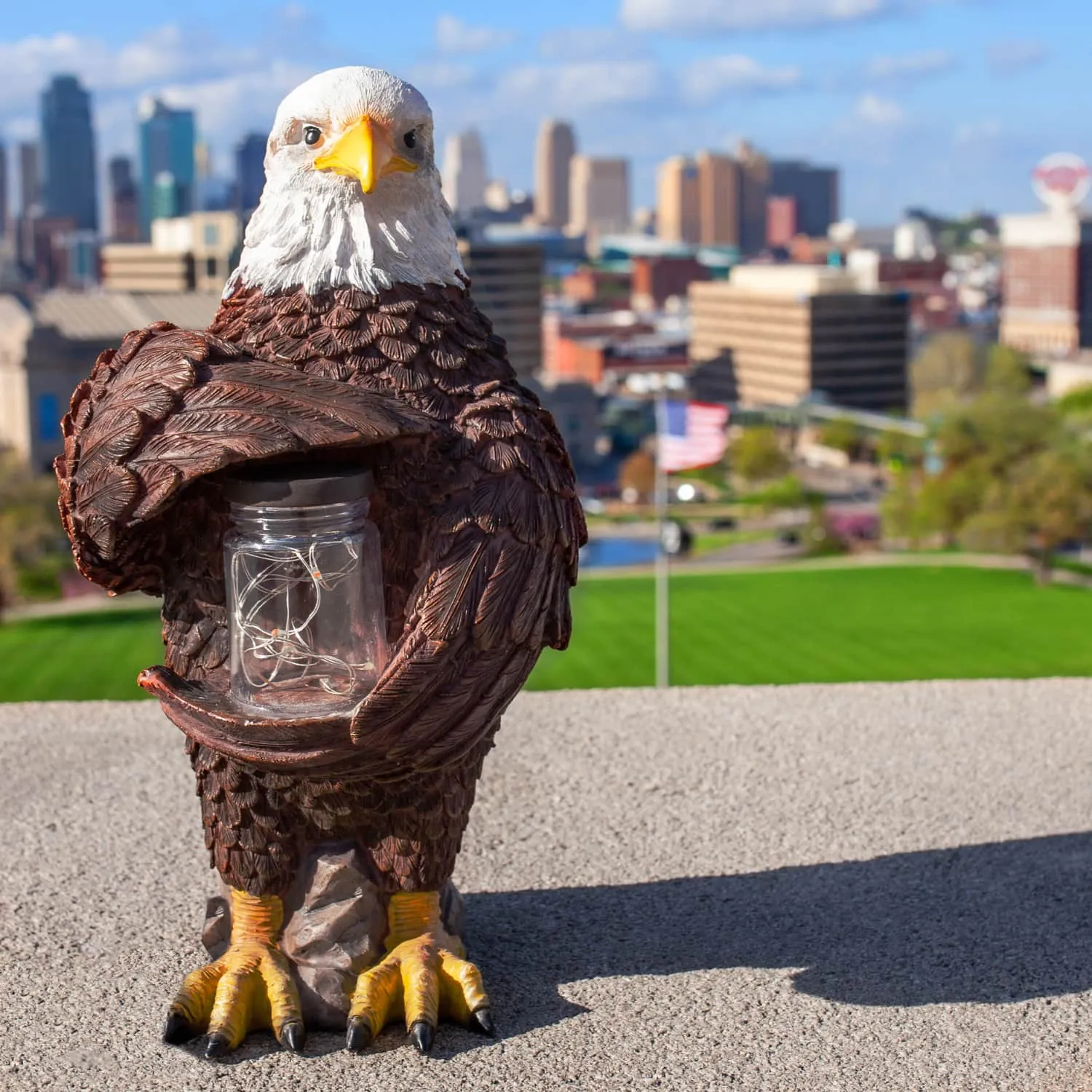 Solar Eagle Garden Statue Holding a Glass Jar with 9 Red White and Blue LED Firefly String Lights, 7.5 x 12.5 Inch