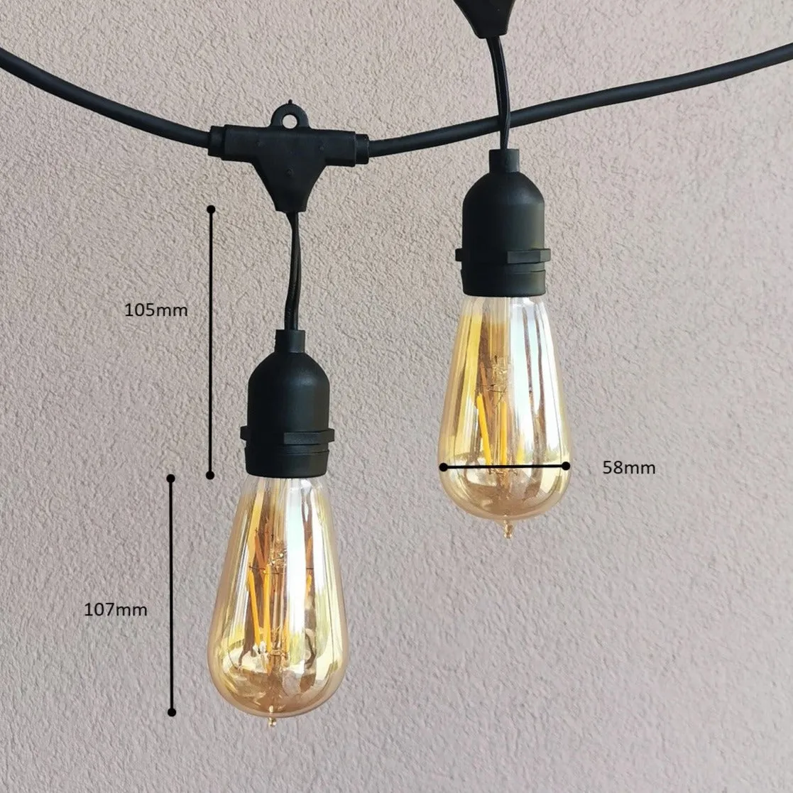 ST58 Amber Bulb | 10m 20 Bulbs | Drop Hang Dimmable Festoon Lights