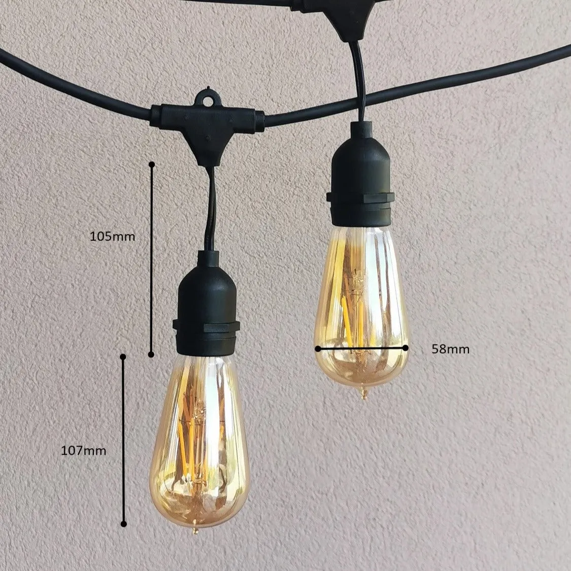 ST58 Amber Bulb | 15m 15 Bulbs | Drop Hang Dimmable Festoon Lights