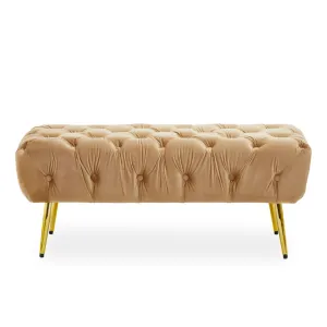 Velvet Footstool/Bench with Gold Legs - Beige