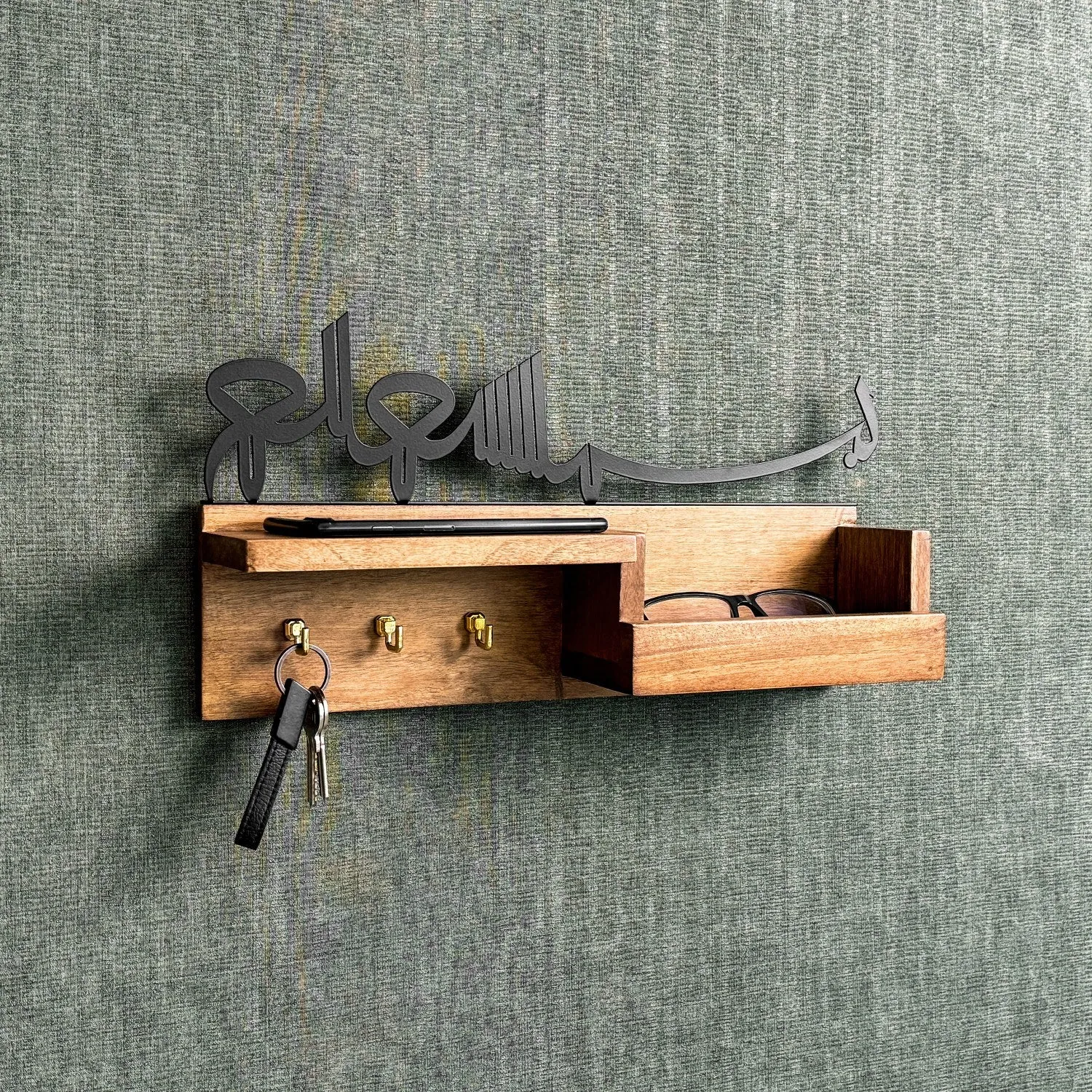 Wooden Basmala Key Holder for Wall - Bismillah Calligraphy Islamic Home Decor